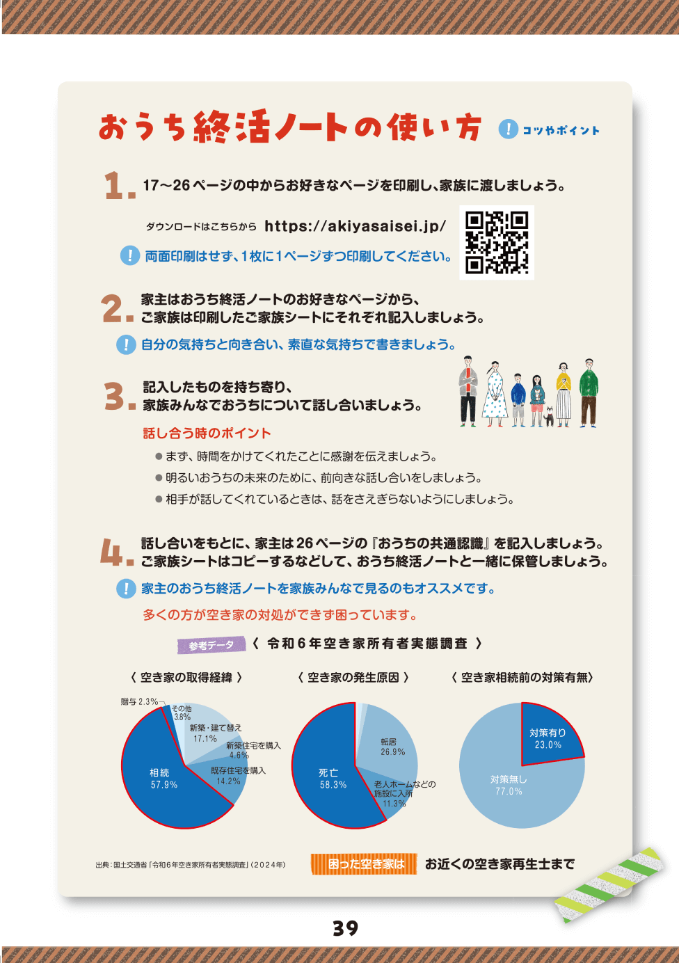 各ページごとのPDFダウンロード|ダウンロード|おうち終活ノートの目的と使い方|空き家に関する 【活用】【処分】【改修】【運用】 など所有者並びに依頼者が求める条件に則り、最善で最適な形で問題解決を行う専門的知識や資格を持った存在を育成|空き家再生協会
